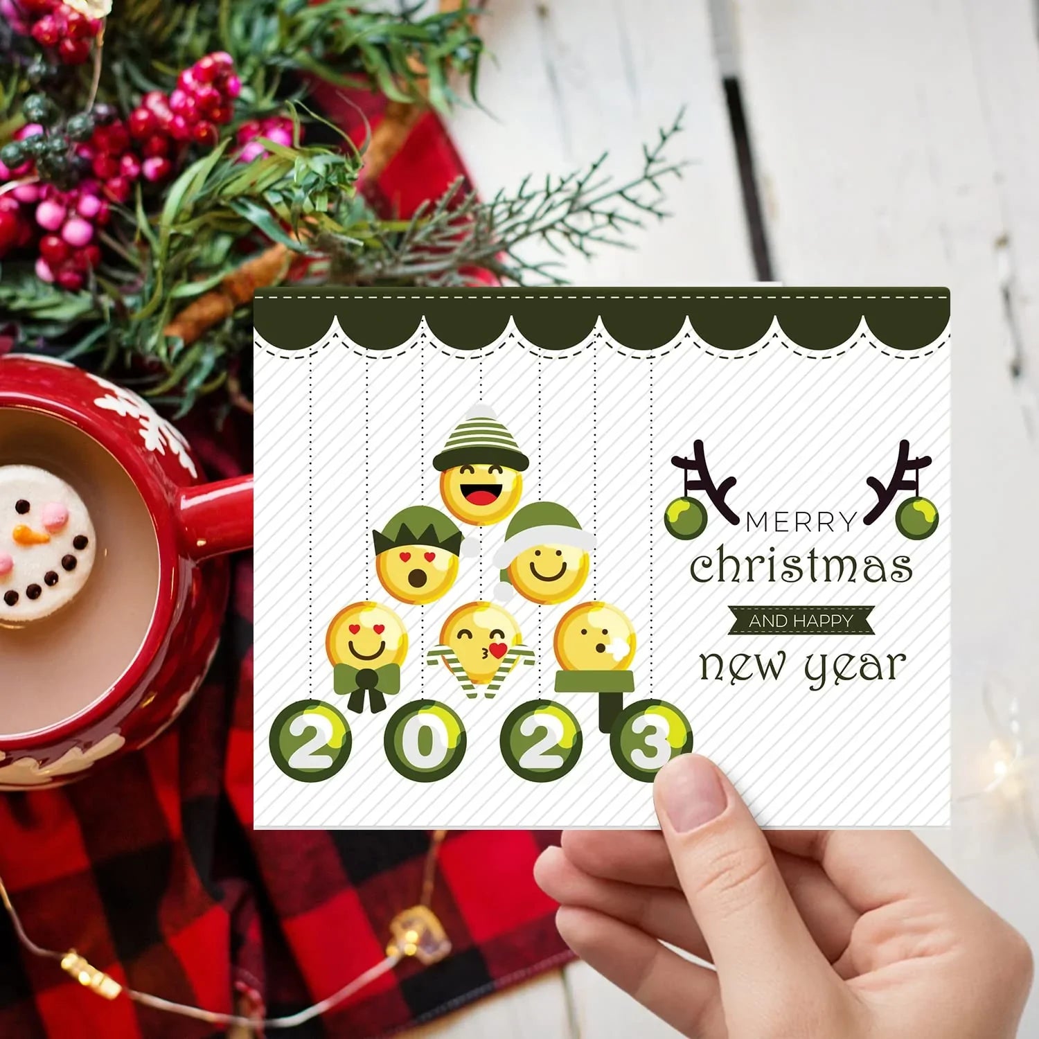 2023 Greeting Cards & Envelopes Merry Christmas and Happy New Year, Green Tree Emoji. Set of 25 FoldCard