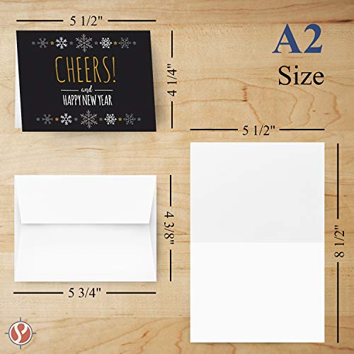 2023 Happy New Year, 25 Cards and 25 Envelopes per Pack - 4.25 x 5.5” (Black Cheers) FoldCard
