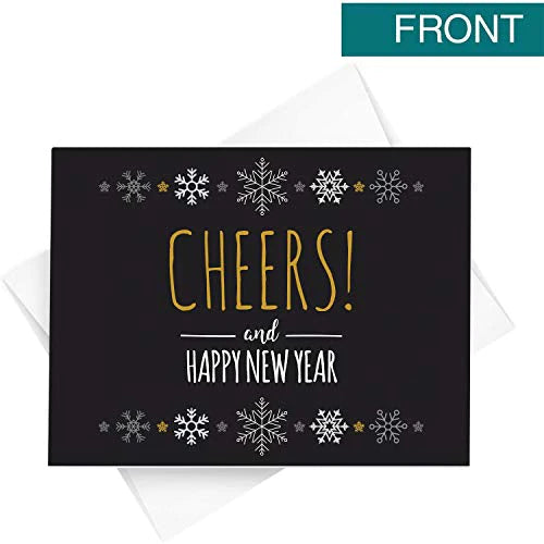 2023 Happy New Year, 25 Cards and 25 Envelopes per Pack - 4.25 x 5.5” (Black Cheers) FoldCard