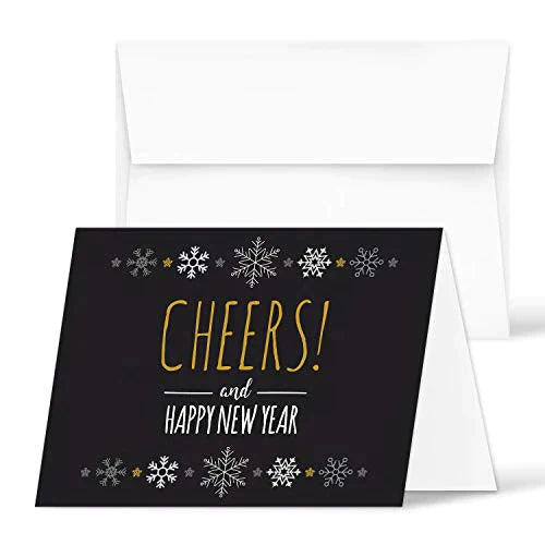 2023 Happy New Year, 25 Cards and 25 Envelopes per Pack - 4.25 x 5.5” (Black Cheers) FoldCard