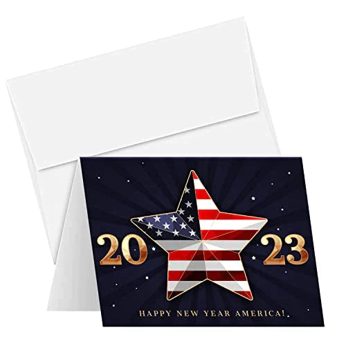 2023 Happy New Year America! – American Xmas Fold Over Greeting Cards & Envelopes (Blank Inside) FoldCard
