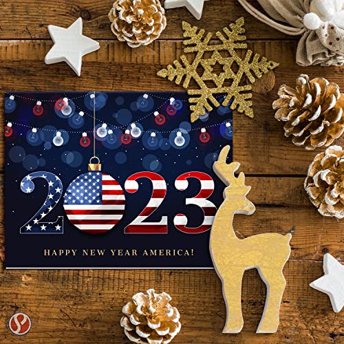 2023 Happy New Year America! – Xmas Fold Over Greeting Cards & Envelopes (Blank Inside) FoldCard
