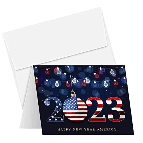 2023 Happy New Year America! – Xmas Fold Over Greeting Cards & Envelopes (Blank Inside) FoldCard