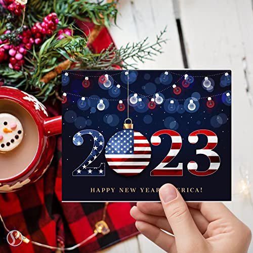 2023 Happy New Year America! – Xmas Fold Over Greeting Cards & Envelopes (Blank Inside) FoldCard