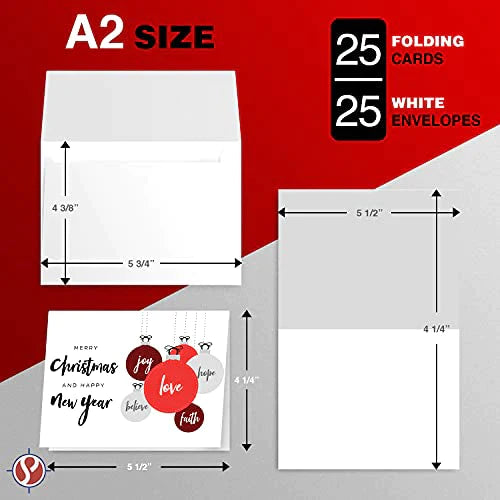 2023 Merry Christmas and Happy New Year – Love, Faith, Hope, Joy, Believe 4.25 x 5.5 (A2 Size) - 25 Cards and 25 Envelopes FoldCard