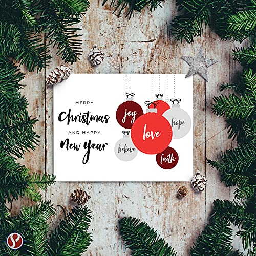 2023 Merry Christmas and Happy New Year – Love, Faith, Hope, Joy, Believe 4.25 x 5.5 (A2 Size) - 25 Cards and 25 Envelopes FoldCard