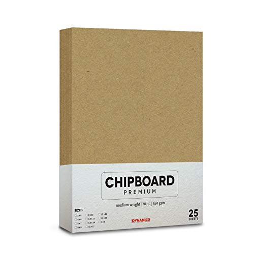 Dynamico 25 Sheets of Chipboard, 30pt (Point) Heavy Weight Cardboard .030 Caliper Thickness, Craft and Packing, Brown Kraft Paper