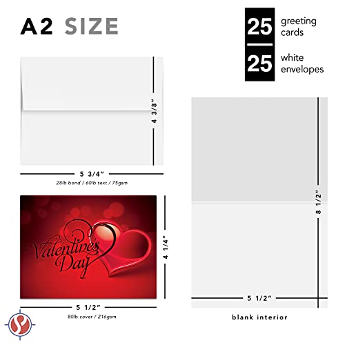 Valentine's Day Cards with Script Heart Design - 25 Pack of Personalized Love Greetings