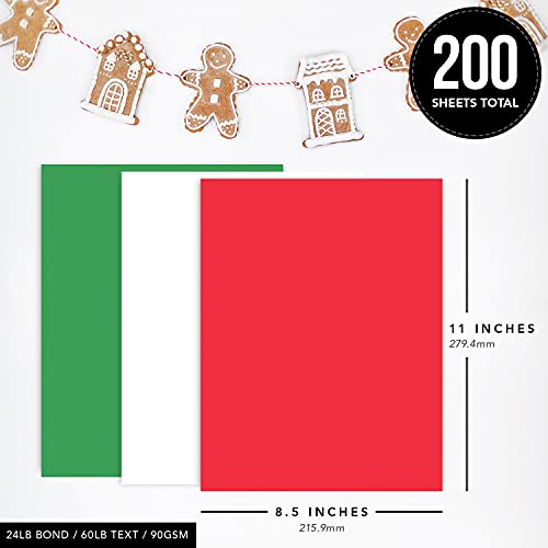 Holiday Colored Paper for Christmas and New Year's Crafts | 200 Sheets | 8.5 x 11" | 24lb Bond, 60lb Text (90GSM) | Red, Green, White