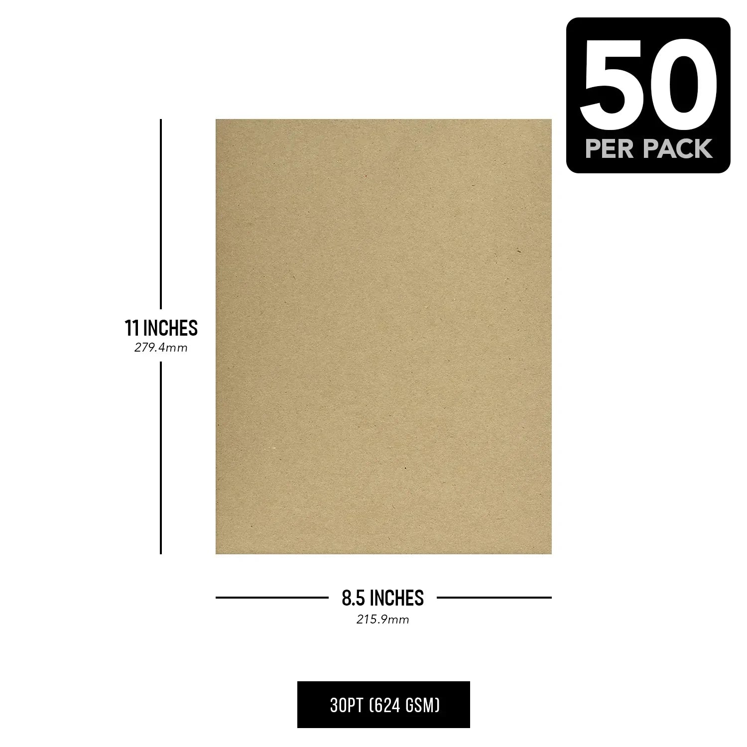 8 1/2 x 11" Brown Kraft Chipboard | Medium Weight 30Pt. (624gsm) Cardboard Sheets - 50 per Pack FoldCard