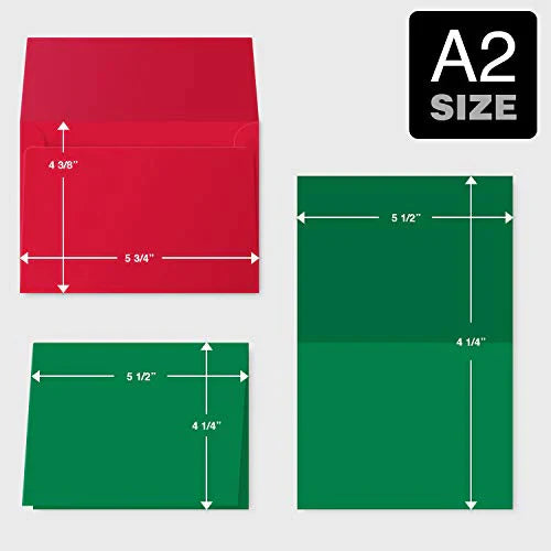 A2 Blank Green Greeting Cards with Red Envelopes 25 Cards and 25 Envelopes Per Pack FoldCard