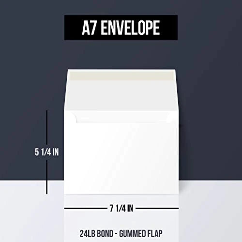A7 White Envelopes, Gummed Flap – Fits 5 x 7” Greeting Cards, Wedding & Party Invitations, Bridal Showers, Announcements, Photos | 5 1/4” x 7 1/4” | 24lb Bond (60lb Text) | 25 per Pack FoldCard