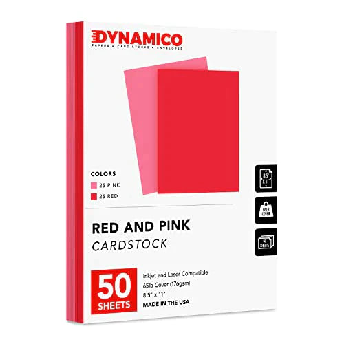 Dynamico Red and Pink Valentine's Day Color Cardstock Paper for Arts & Crafts, Invitations, Greeting Cards, Posters | 65lb Cover Card Stock, Printer Compatible | 25 Red, 25 Pink – 50 Total, Red,Pink FoldCard