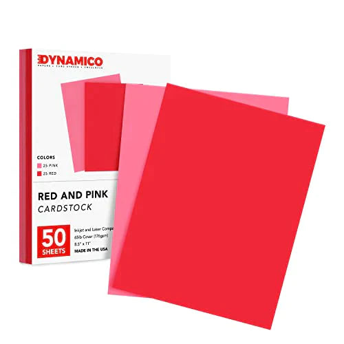 Dynamico Red and Pink Valentine's Day Color Cardstock Paper for Arts & Crafts, Invitations, Greeting Cards, Posters | 65lb Cover Card Stock, Printer Compatible | 25 Red, 25 Pink – 50 Total, Red,Pink FoldCard