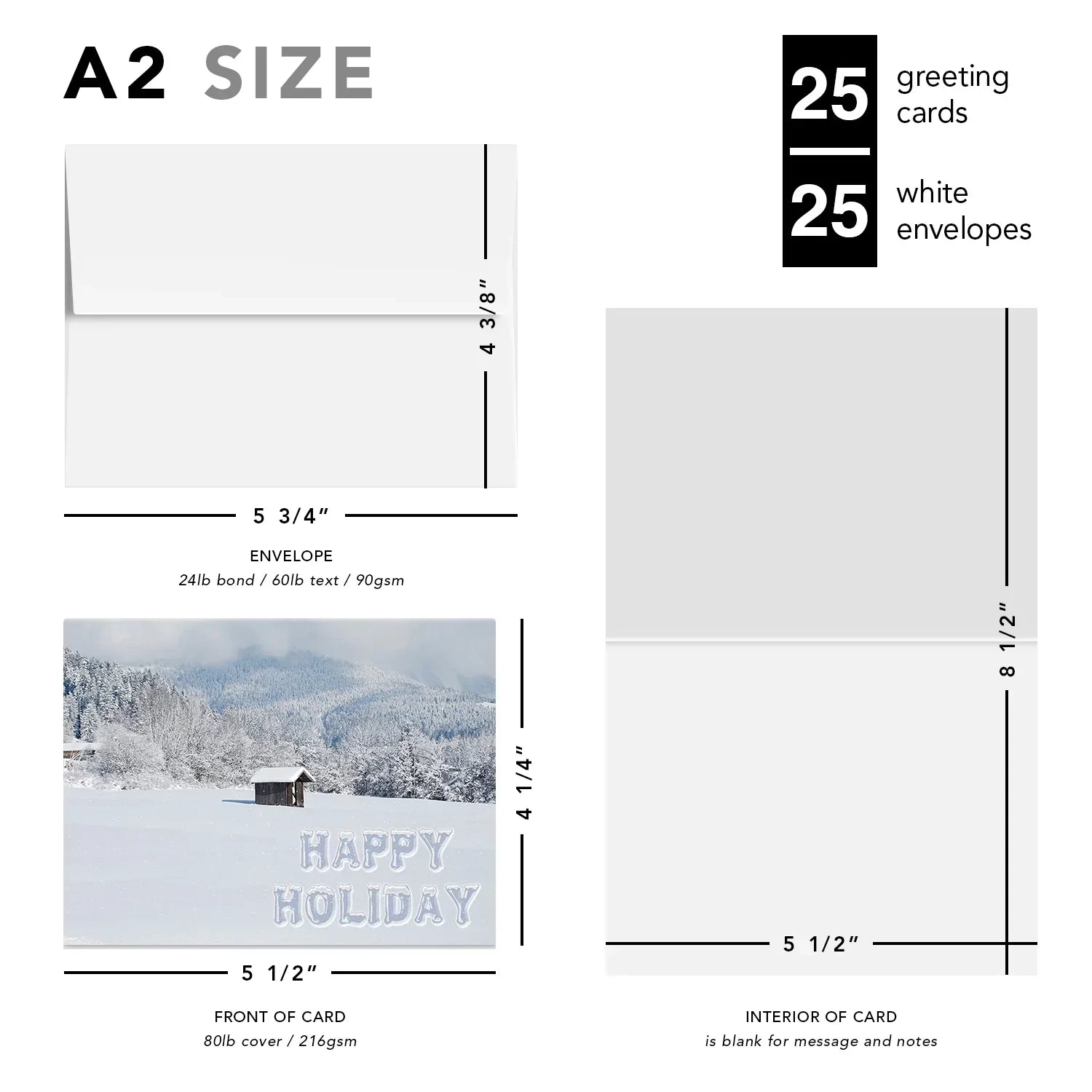 Happy Holiday Snow Cards & Envelopes - 25 Cards & 25 Envelopes per Pack (SNOW WINTER CABIN) FoldCard