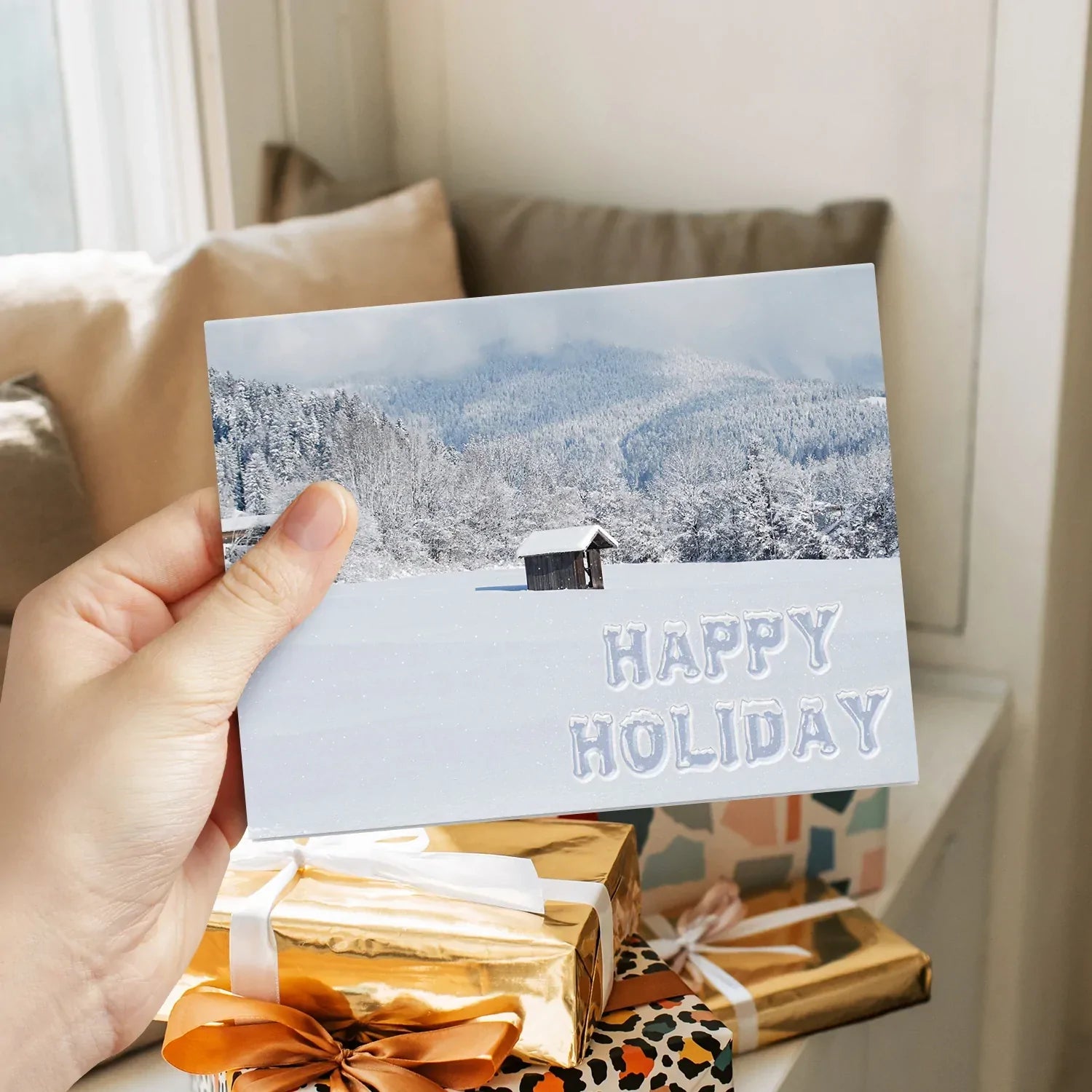 Happy Holiday Snow Cards & Envelopes - 25 Cards & 25 Envelopes per Pack (SNOW WINTER CABIN) FoldCard
