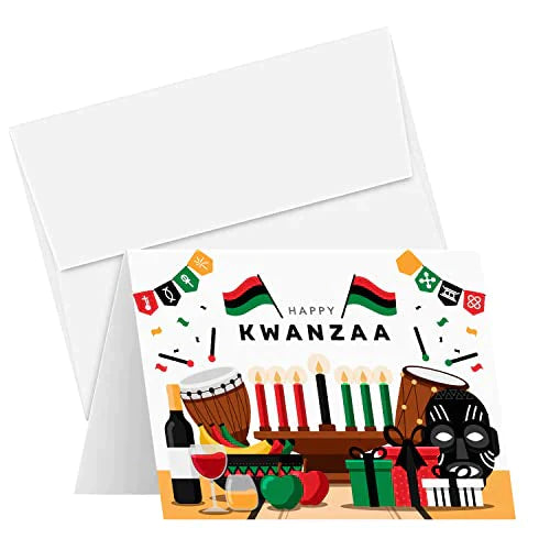 Happy Kwanzaa Greeting Cards with Envelopes Set, African American Celebration Card, Colorful & Bright Seven Candles Design | 4.25 x 5.5” | 10 per Pack FoldCard