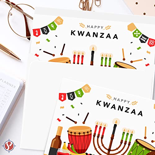 Happy Kwanzaa Greeting Cards with Envelopes Set, African American Celebration Card, Colorful and Bright Seven Candles Design | 4.25 x 5.5” | 10 per Pack FoldCard