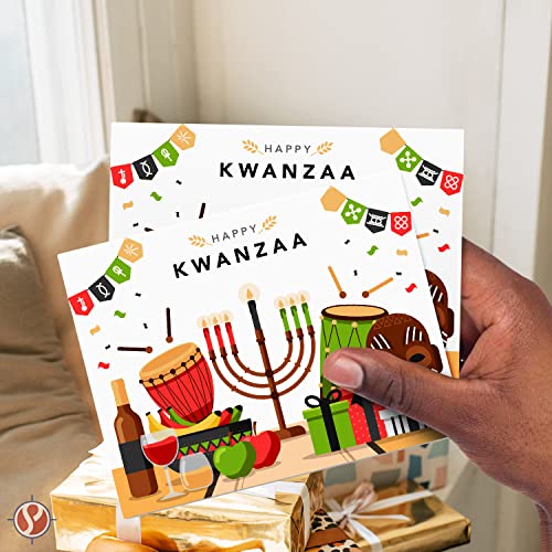 Happy Kwanzaa Greeting Cards with Envelopes Set, African American Celebration Card, Colorful and Bright Seven Candles Design | 4.25 x 5.5” | 10 per Pack FoldCard