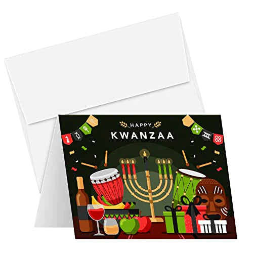 Happy Kwanzaa Greeting Cards with Envelopes Set, African American Celebration Card, Elegant Green Seven Candles Design | 4.25 x 5.5” | 10 per Pack FoldCard