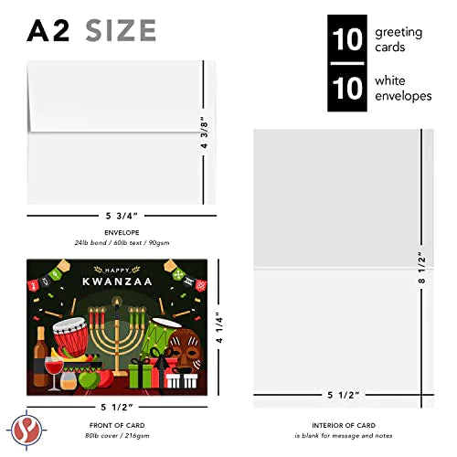 Happy Kwanzaa Greeting Cards with Envelopes Set, African American Celebration Card, Elegant Green Seven Candles Design | 4.25 x 5.5” | 10 per Pack FoldCard