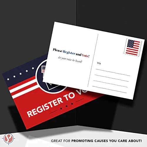 Register to Vote – Blank Patriotic Voting Post Cards Mailable (No Envelopes Needed) | Flip Side Is Plain White | Size 4 x 6 inches | Bulk Set of 50 Postcards FoldCard