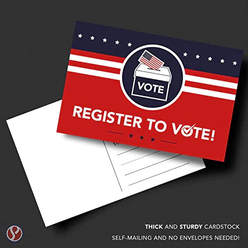 Register to Vote – Blank Patriotic Voting Post Cards Mailable (No Envelopes Needed) | Flip Side Is Plain White | Size 4 x 6 inches | Bulk Set of 50 Postcards FoldCard
