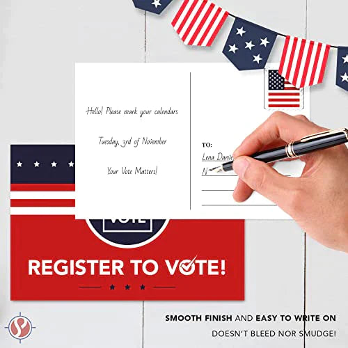 Register to Vote – Blank Patriotic Voting Post Cards Mailable (No Envelopes Needed) | Flip Side Is Plain White | Size 4 x 6 inches | Bulk Set of 50 Postcards FoldCard