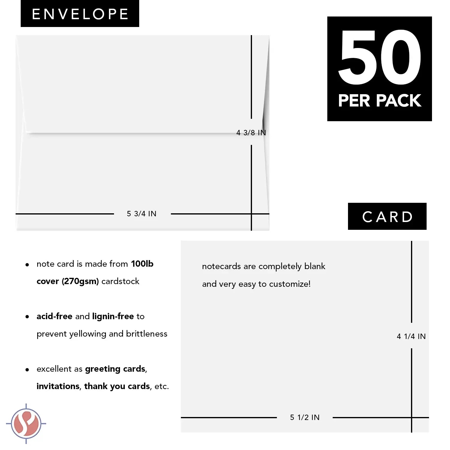White 100lb Cover Blank Note Cards & Envelopes | 4 1/4" x 5 1/2" (A2 Size) | 50 Per Pack | This Is NOT A Fold Over Card FoldCard