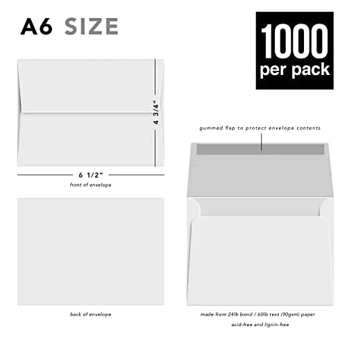 White A6 Envelopes – Perfect for 4.5 x 6 Greeting Cards, Wedding Invitations, Postcards, Photos | Gummed Square Flap | Bulk Pack of 1000 Envelopes | 4 3/4" x 6 1/2" FoldCard