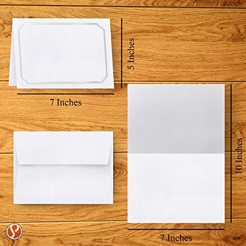 White Linen Blank Fold Over Greeting Cards with Silver Embossed Border and White Linen Envelopes | 5x7 Inches When Folded | 80lb, 216gsm | Set of 20 per Pack FoldCard