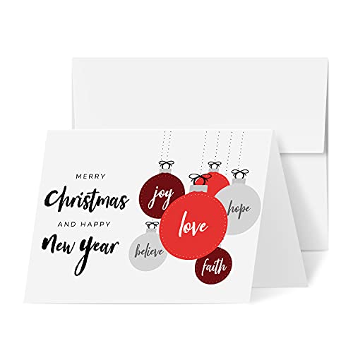 2027 Merry Christmas and Happy New Year Love, Faith, Hope, Joy, Believe greeting cards with envelopes, white, 25 pack – FoldCard