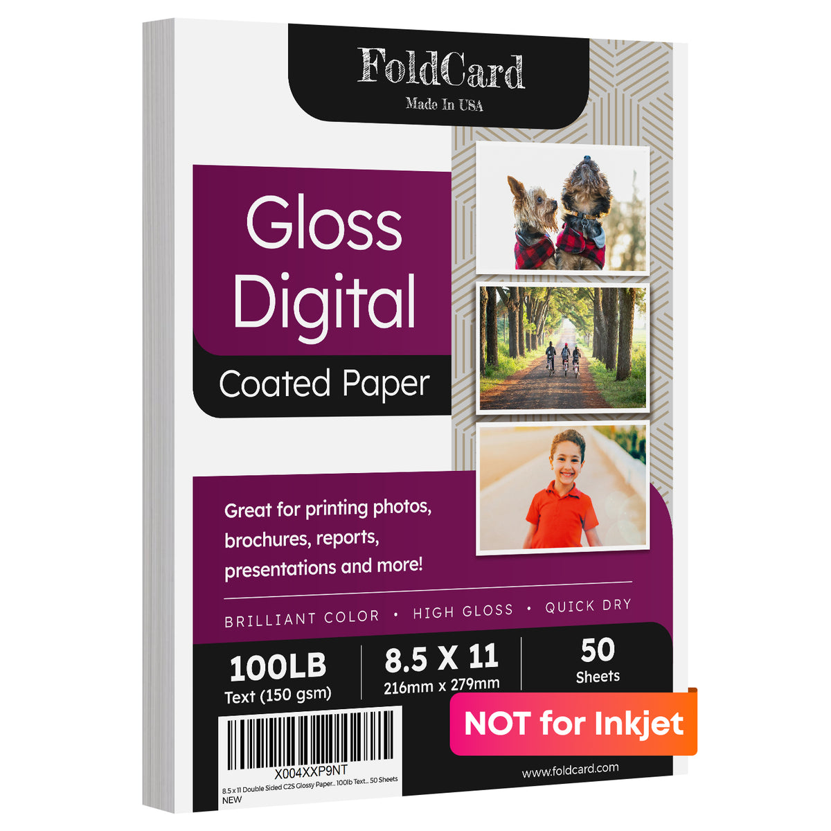 8.5x11 Double Sided C2S Glossy Paper for Full Color Laser Printing - 100lb Text (40lb Bond) - Acid Free, Gloss Coated - 50 Sheets