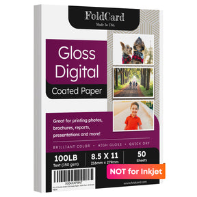 8.5x11 Double Sided C2S Glossy Paper for Full Color Laser Printing - 100lb Text (40lb Bond) - Acid Free, Gloss Coated - 50 Sheets