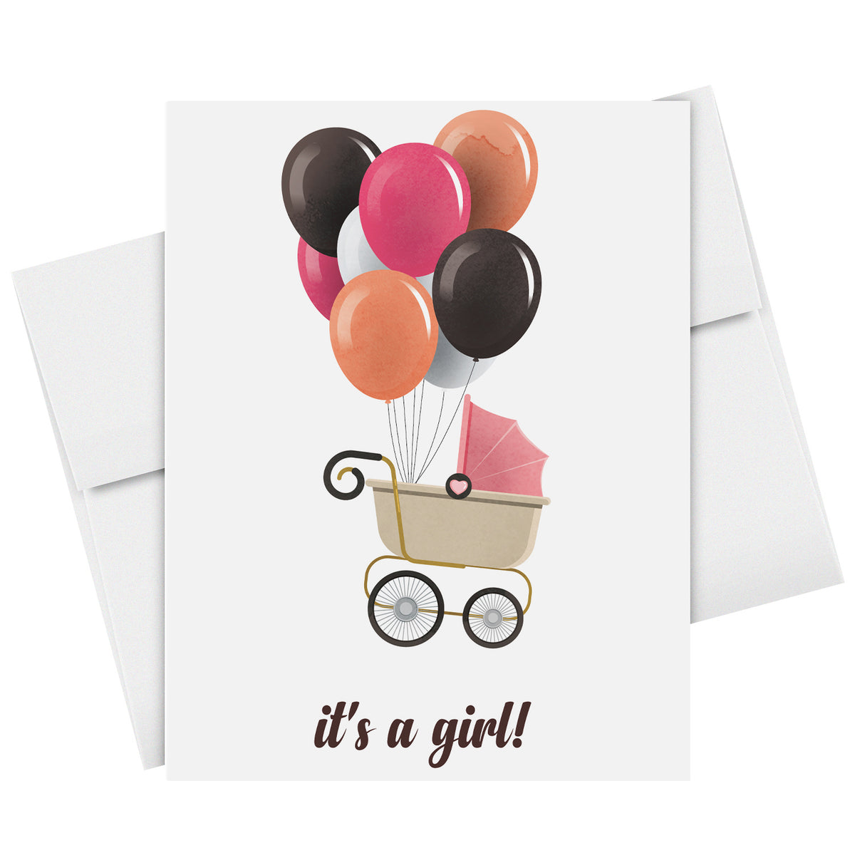 It's A Girl! – Pink Stroller & Balloons – Baby Shower Greeting Cards for New Mom Dad Parents, Welcome New Baby, Congrats, Gender Reveal – 10 per Pack
