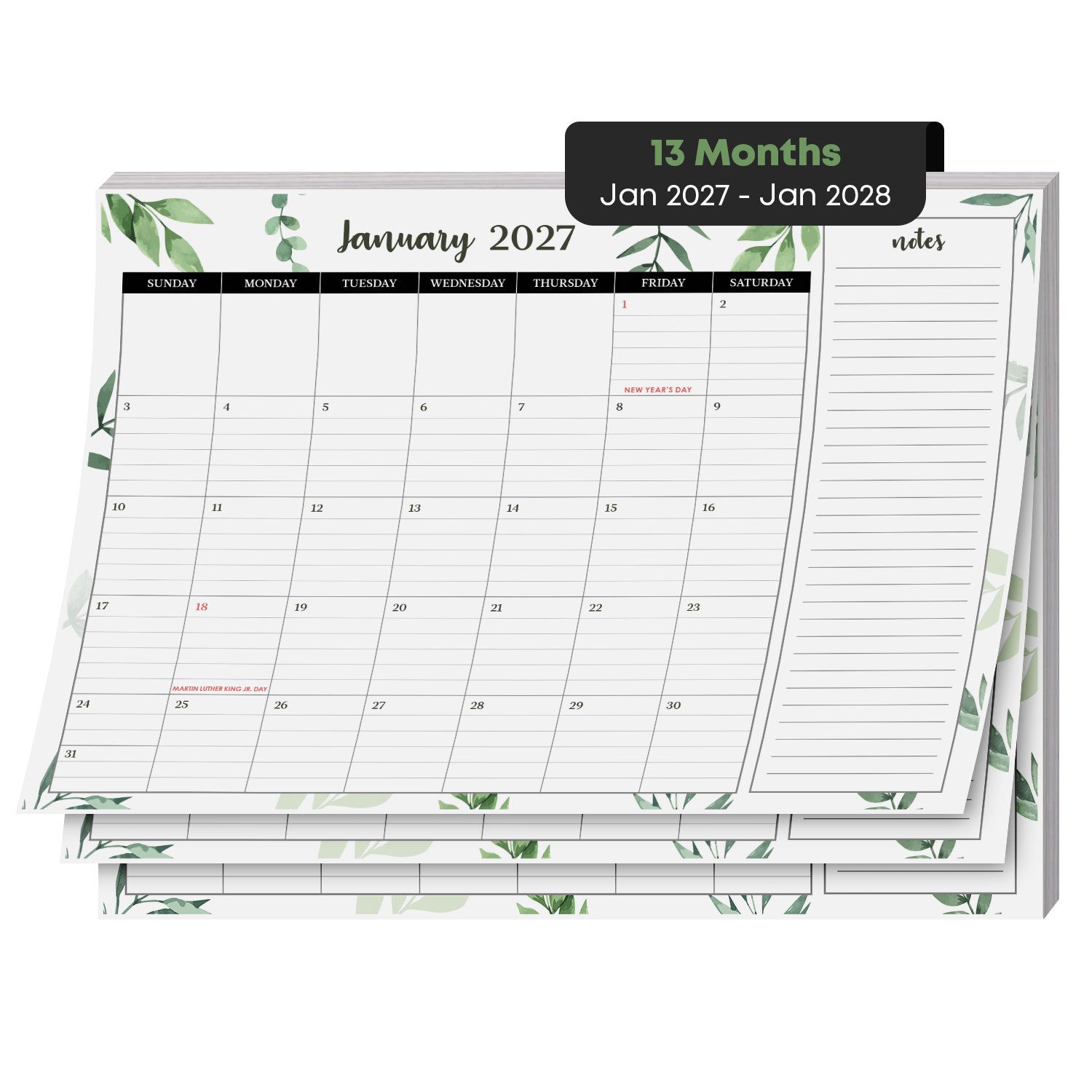 2027 desk calendar pad, 8.5 x 11 inch, January 2027 page with greenery design and notes column