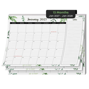 2027 desk calendar pad, 8.5 x 11 inch, January 2027 page with greenery design and notes column