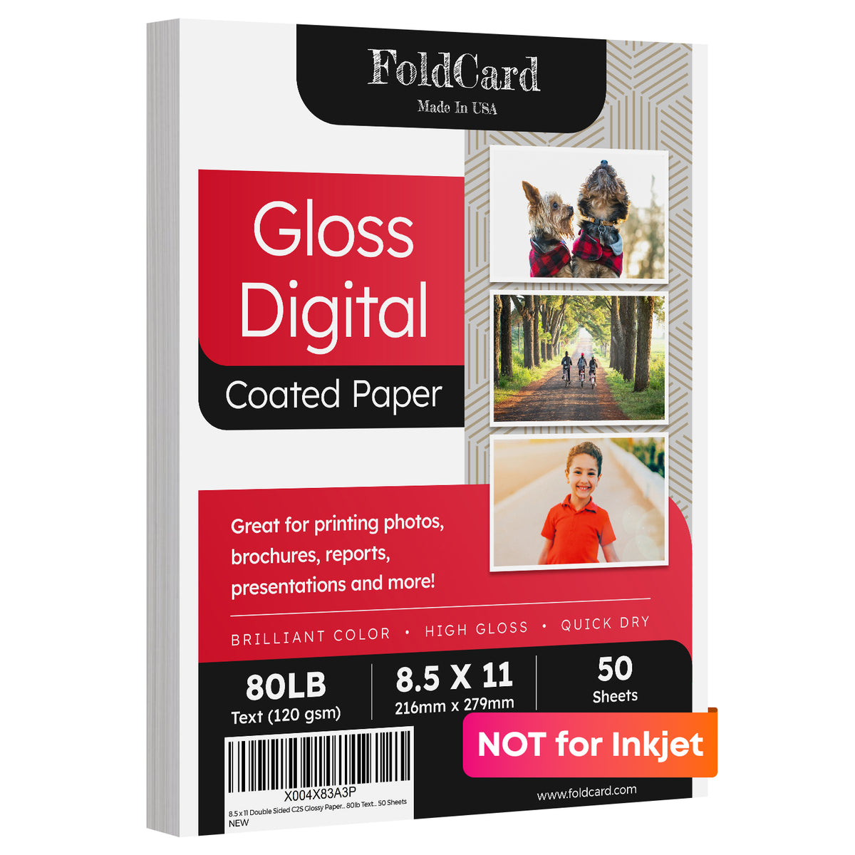 8.5x11 Double Sided C2S Glossy Paper for Full Color Laser Printing - 80lb Text (32lb Bond) - Acid Free, Gloss Coated - 50 Sheets