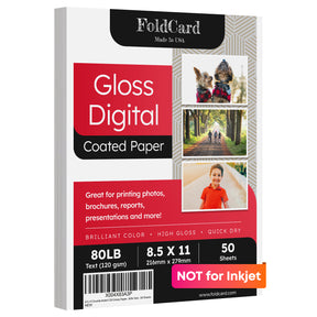 8.5x11 Double Sided C2S Glossy Paper for Full Color Laser Printing - 80lb Text (32lb Bond) - Acid Free, Gloss Coated - 50 Sheets