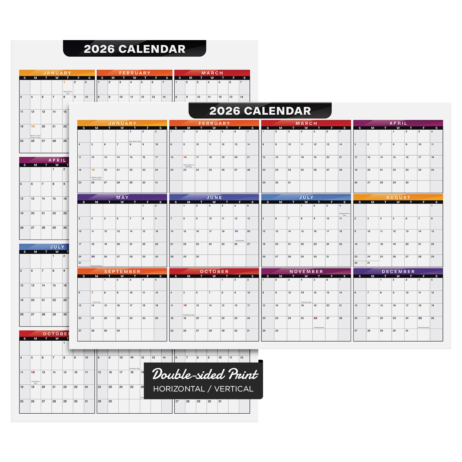 2026 Full Desk Calendar - 11 x 17” Large Size 2 Sided Vertical/Horizontal Reversible - Printed on Thick and Durable 80lb Cardstock (216 GSM) 2 per Pack