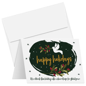 Happy Holidays, Shared Hope for Global Peace Greeting Cards & Envelopes – Set of 25 – Dark Green Dove – FoldCard