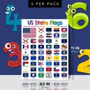 USA State Flags Chart for Preschool to Gradeschool Kids - Educational Learning Aid | 8.5" x 11" | 5 Pack