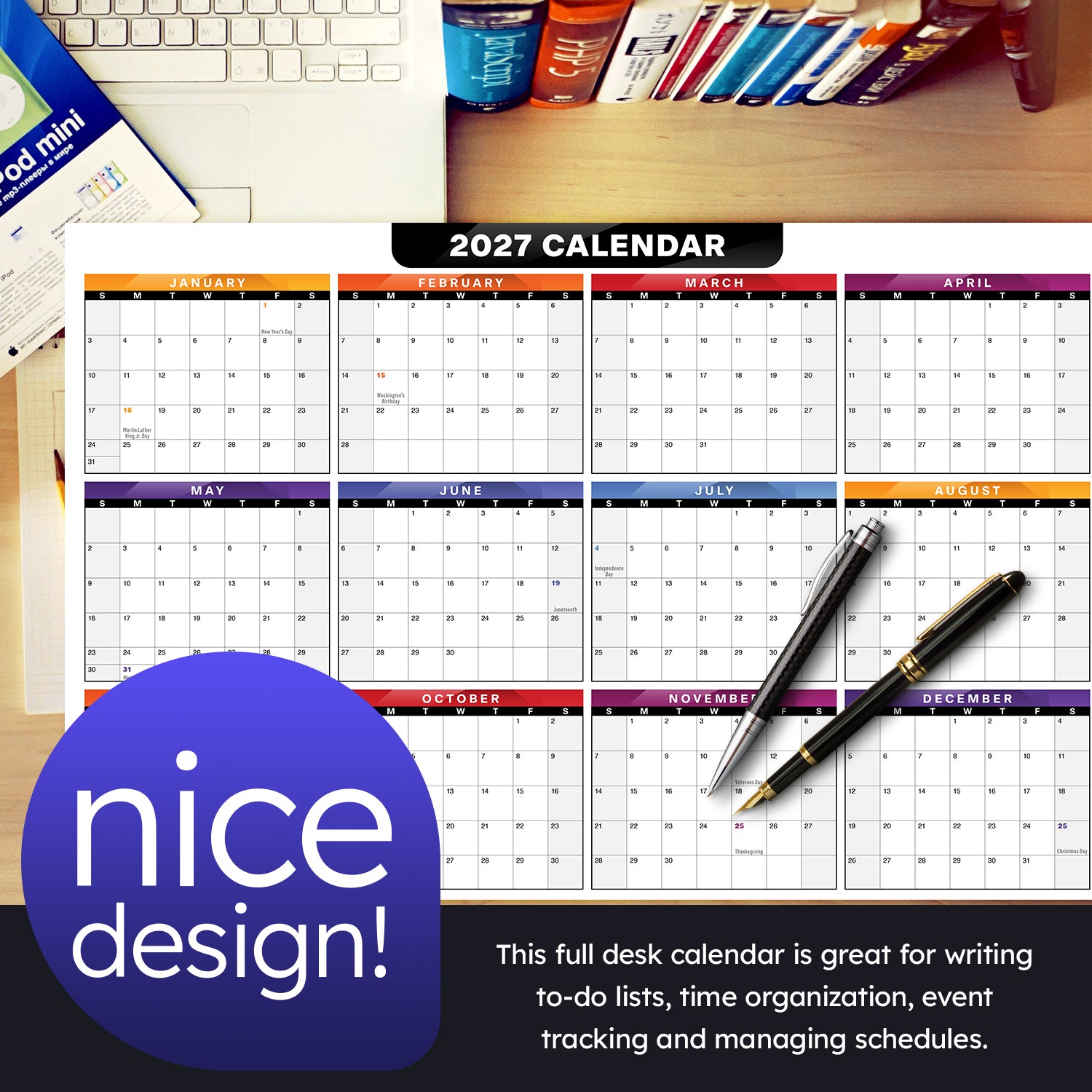 2027 Full Desk Calendar - 11 x 17” Large Size 2 Sided Vertical/Horizontal Reversible - Printed on Thick and Durable 80lb Cardstock (216 GSM) 2 per Pack
