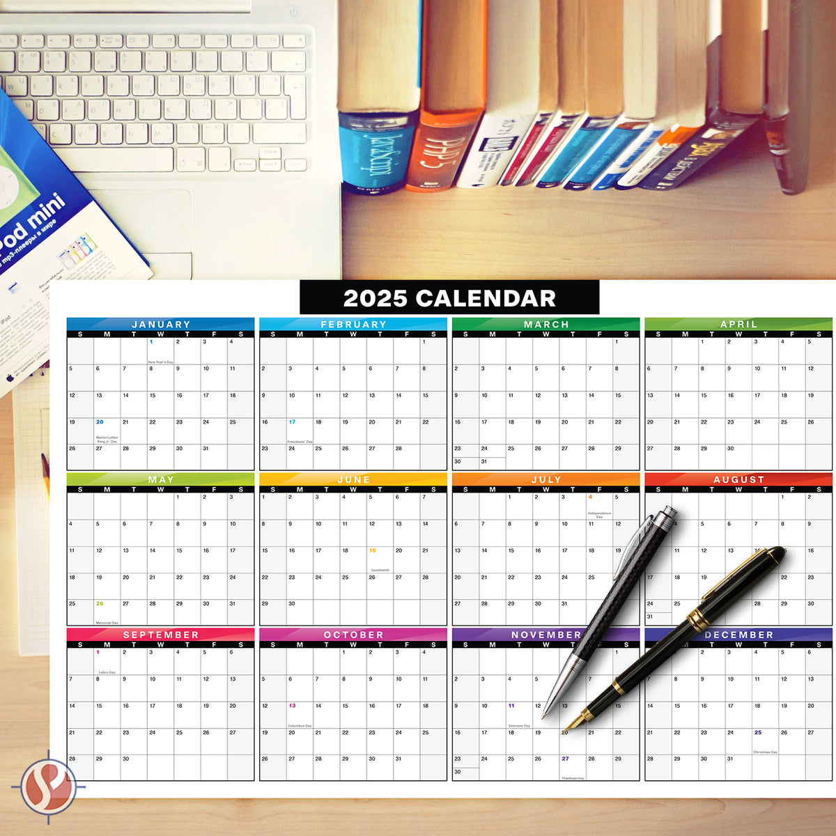 2025 Full Desk Calendar - 11 x 17” Large Size 2 Sided Vertical/Horizontal Reversible - Printed on Thick and Durable 80lb Cardstock (216 GSM) 2 per pck