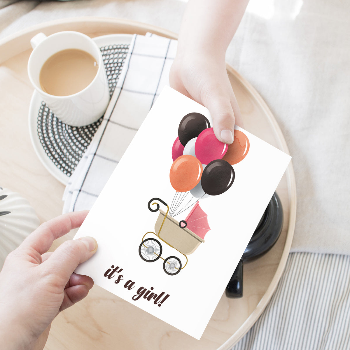It's A Girl! – Pink Stroller & Balloons – Baby Shower Greeting Cards for New Mom Dad Parents, Welcome New Baby, Congrats, Gender Reveal – 10 per Pack