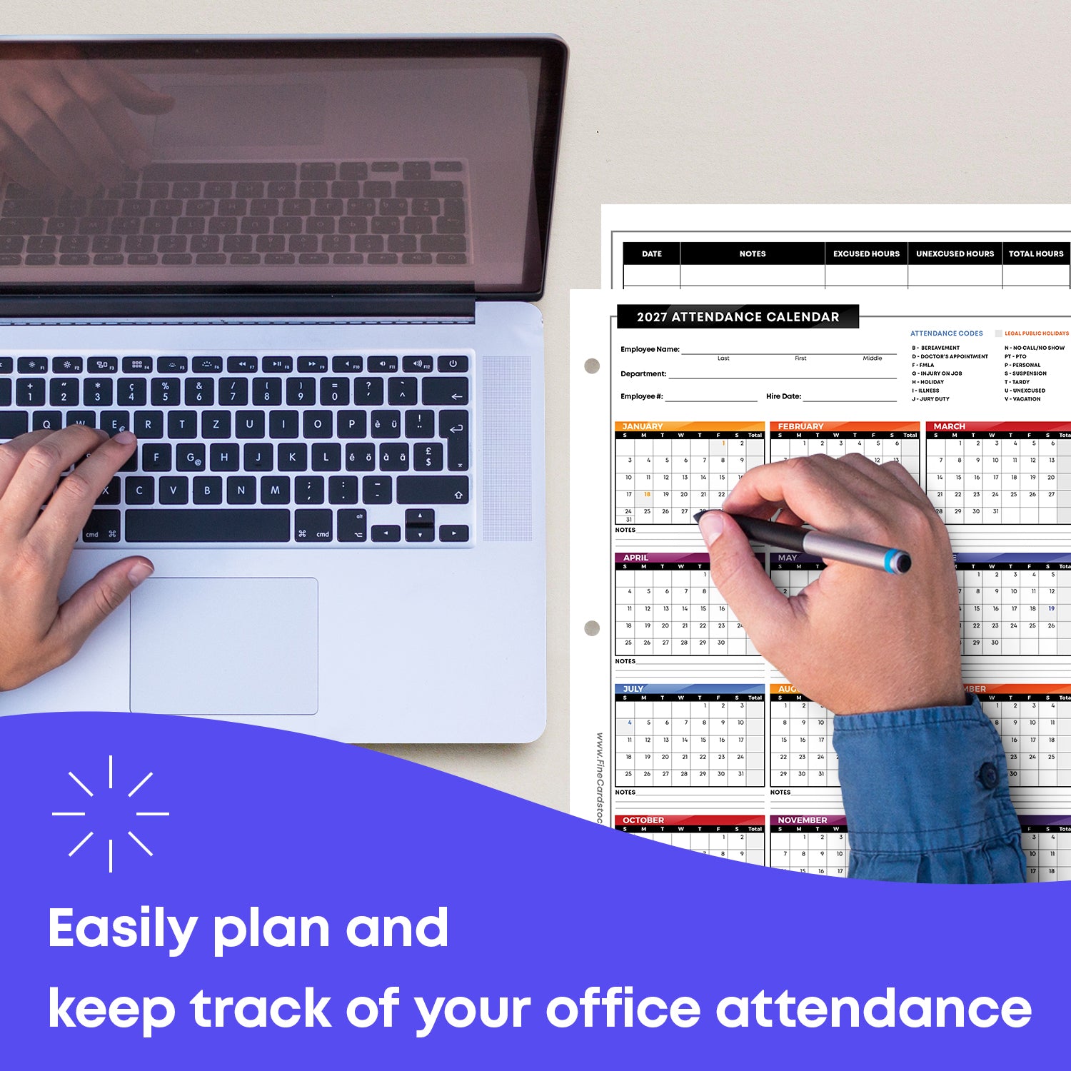 2027 Attendance Calendar Card Stock Paper – Great Employee Work Tracker