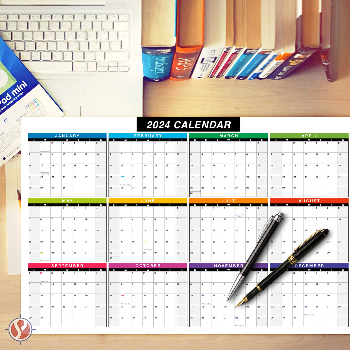 2024 Full Desk Calendar - 11 x 17” Large Size 2 Sided Vertical/Horizontal Reversible - Printed on Thick and Durable 80lb Cardstock (216 GSM) 2 per pck