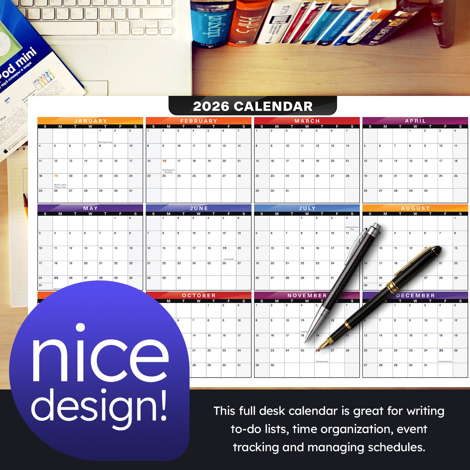 2026 Full Desk Calendar - 11 x 17” Large Size 2 Sided Vertical/Horizontal Reversible - Printed on Thick and Durable 80lb Cardstock (216 GSM) 2 per Pack