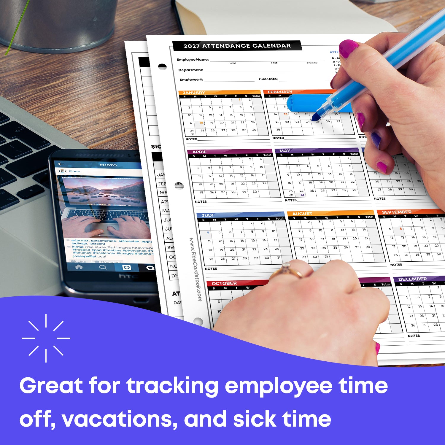 2027 Attendance Calendar Card Stock Paper – Great Employee Work Tracker
