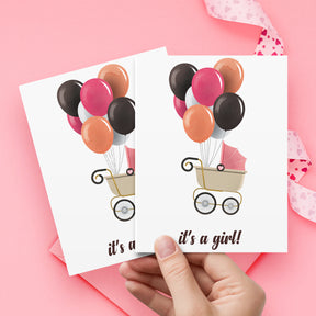 It's A Girl! – Pink Stroller & Balloons – Baby Shower Greeting Cards for New Mom Dad Parents, Welcome New Baby, Congrats, Gender Reveal – 10 per Pack